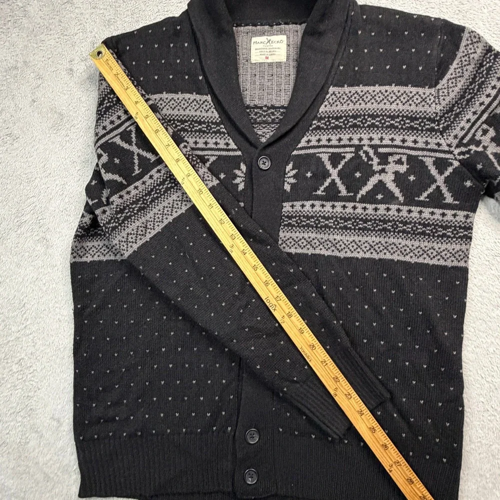 Marc Ecko Cut & Sew Mens Shawl Collar Cardigan Black Grey Fair Isle Sweater Med